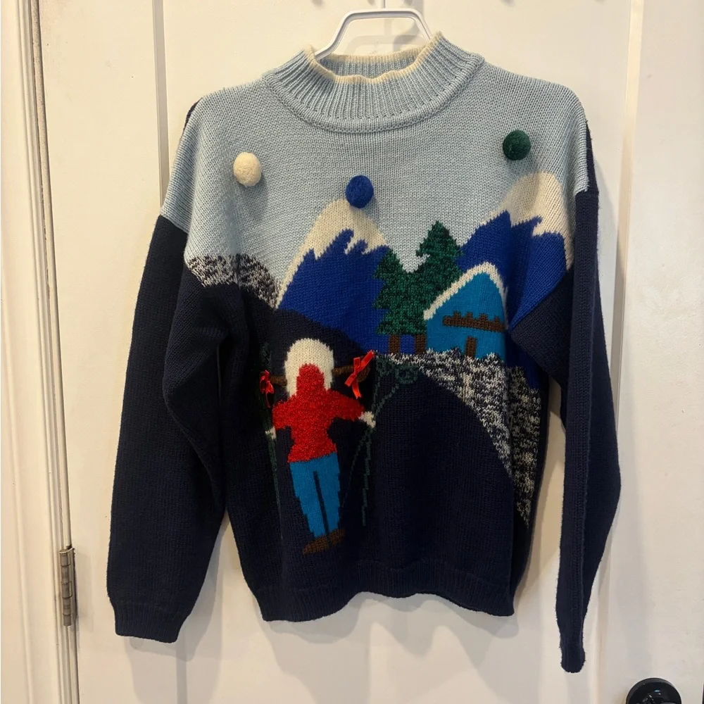 Vintage Ski Cabin Knit Sweater in Navy, Light Blue & Red - Picture 3 of 15
